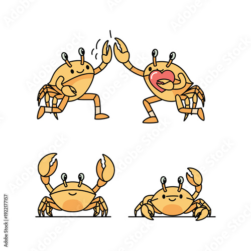 Cartoon crabs fighting and resting with comical expressions