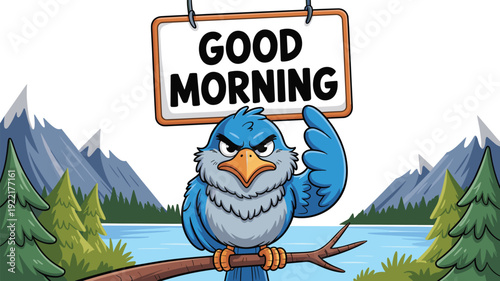 Grumpy Blue Bird Perched on a Branch with Good Morning Sign and Mountain  Daily Greetings, Whimsical Wildlife Irony, Playful Morning Motivation, and Vibrant Nature Vector Illustration
