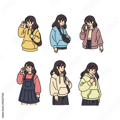 Young woman talking on phone in different outfits and poses, set against a white background