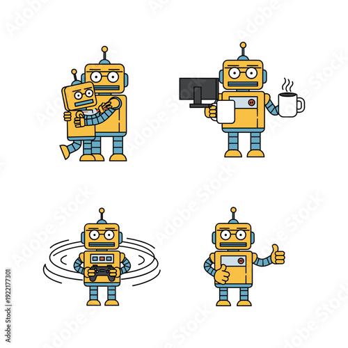 Cartoon robots showing various actions and emotions with copy space