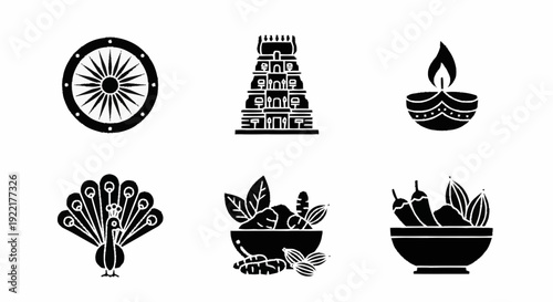 Collection of Indian cultural symbols, including temple, diya, and peacock, representing heritage and tradition in simple illustrations