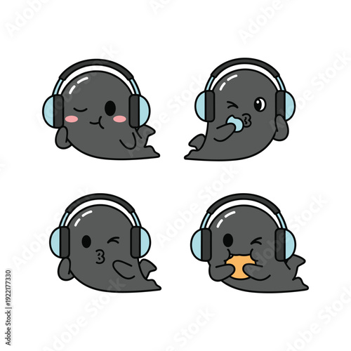 Cartoon seals with different emotions wearing headphones in a set