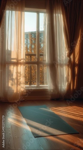 Warm sunlight through window curtains, cozy home interior, golden hour glow, peaceful morning ambiance, soft light decor scene.