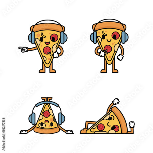 Cartoon pizza slice characters wearing headphones in various poses with copy space