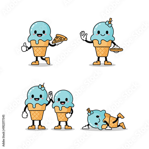 Cartoon ice cream characters in various poses and actions with happy expressions