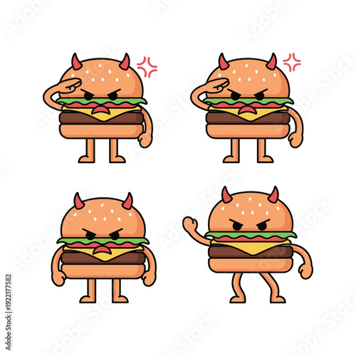 Cartoon devil burgers showing different emotions and gestures with copy space
