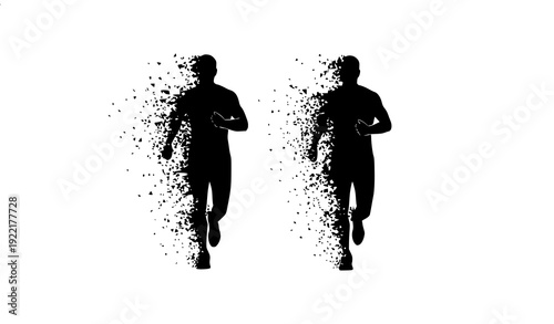 Running People Particle Dispersion Vector Illustration Dynamic Silhouette Composition Isolated on White Background