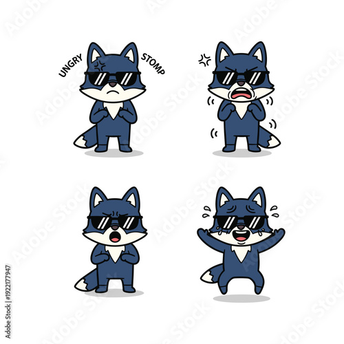 Cartoon wolf expressing different emotions on a white background with copy space