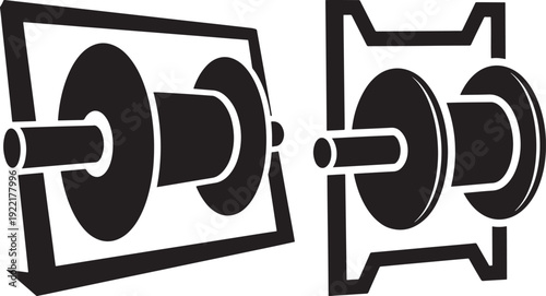 Industrial Spool or Reel Vector Icon Set in Black and White, Representing Cable, Wire, or Thread Winding for Manufacturing and Construction