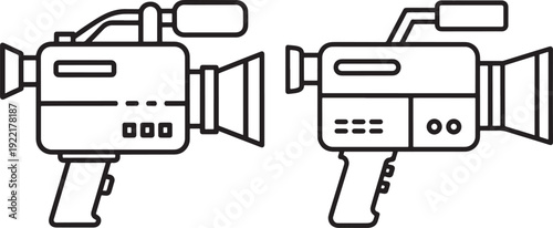 Two outline icons of vintage video cameras with handles and lenses, symbolizing filming, recording, or media production.