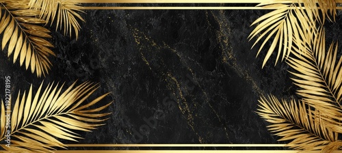 Elegant black marble background with gold palm leaves and frame. Perfect for luxury designs