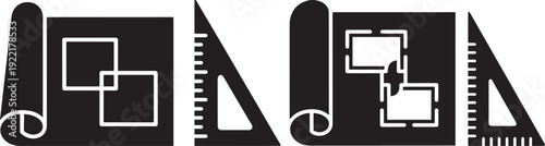 Two sets of architectural blueprints with rulers and squares, representing planning, design, construction, or engineering projects.