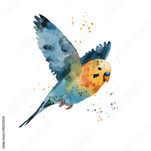 Vibrant Watercolor Flying Budgerigar Bird Illustration.