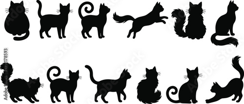 Cat silhouettes collection featuring playful, sitting, jumping and fluffy feline poses isolated on white background, black vector illustration set for pet and animal design