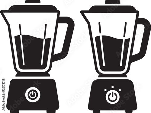 Two black icons of modern blenders with power buttons and liquid inside, representing kitchen appliances, smoothies, or blending.