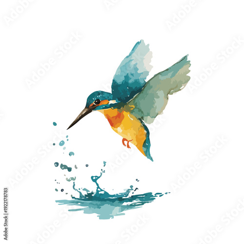 Vibrant Watercolor Kingfisher Bird Diving into Water Splash.