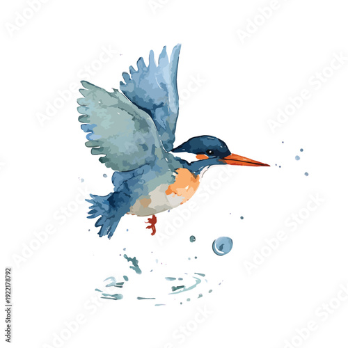 Vibrant Watercolor Kingfisher Bird in Flight with Water Splashes.