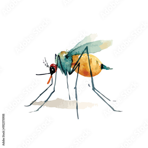 Vibrant Watercolor Mosquito Illustration Handdrawn insect pest vector art for health nature and summer designs.
