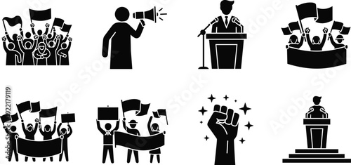 Protest and political rally silhouettes collection featuring crowd with flags, activist with megaphone, speaker at podium and raised fist symbol isolated on white background