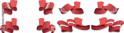 立体感あるレッドリボンバナー装飾セット｜カーブデザインとライン入り見出し帯・セール広告やイベント告知に使えるポップな装飾素材集