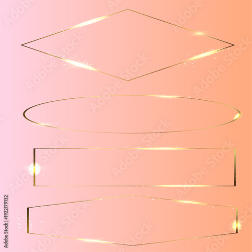 ピンクグラデーション背景に輝くゴールドラインフレームセット｜ラメ光エフェクト入り幾何学図形と楕円装飾の高級感デザイン素材集