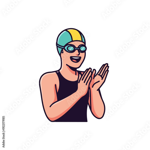 Smiling swimmer wearing goggles and cap clapping enthusiastically