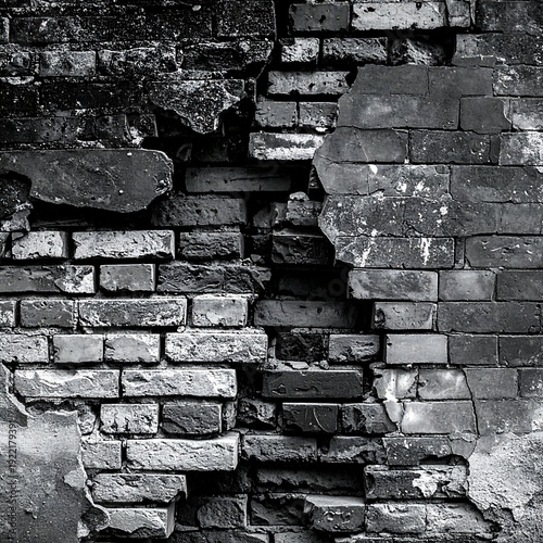 A grayscale image of a dilapidated brick wall with crumbling sections
