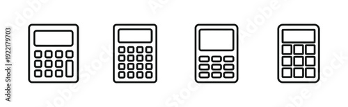 Group of calculator icons with different button layouts and screen designs for math and finance