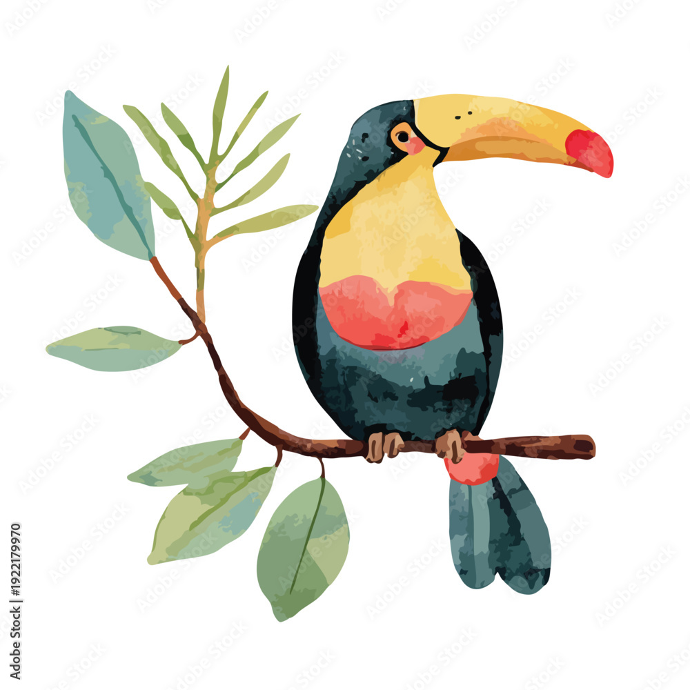 Obraz premium Vibrant Watercolor Toucan Bird Perched on Tropical Branch Illustration 1.