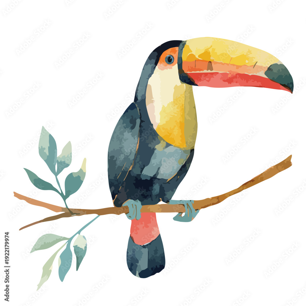 Fototapeta premium Vibrant Watercolor Toucan Illustration Perched on Branch Tropical Bird Art.