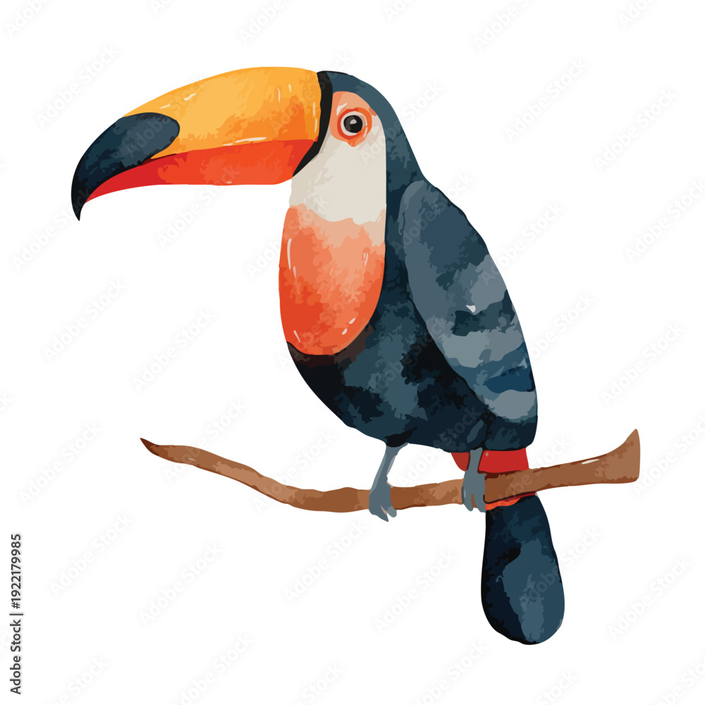 Obraz premium Vibrant Watercolor Toucan Perched on Branch Tropical Bird Illustration.