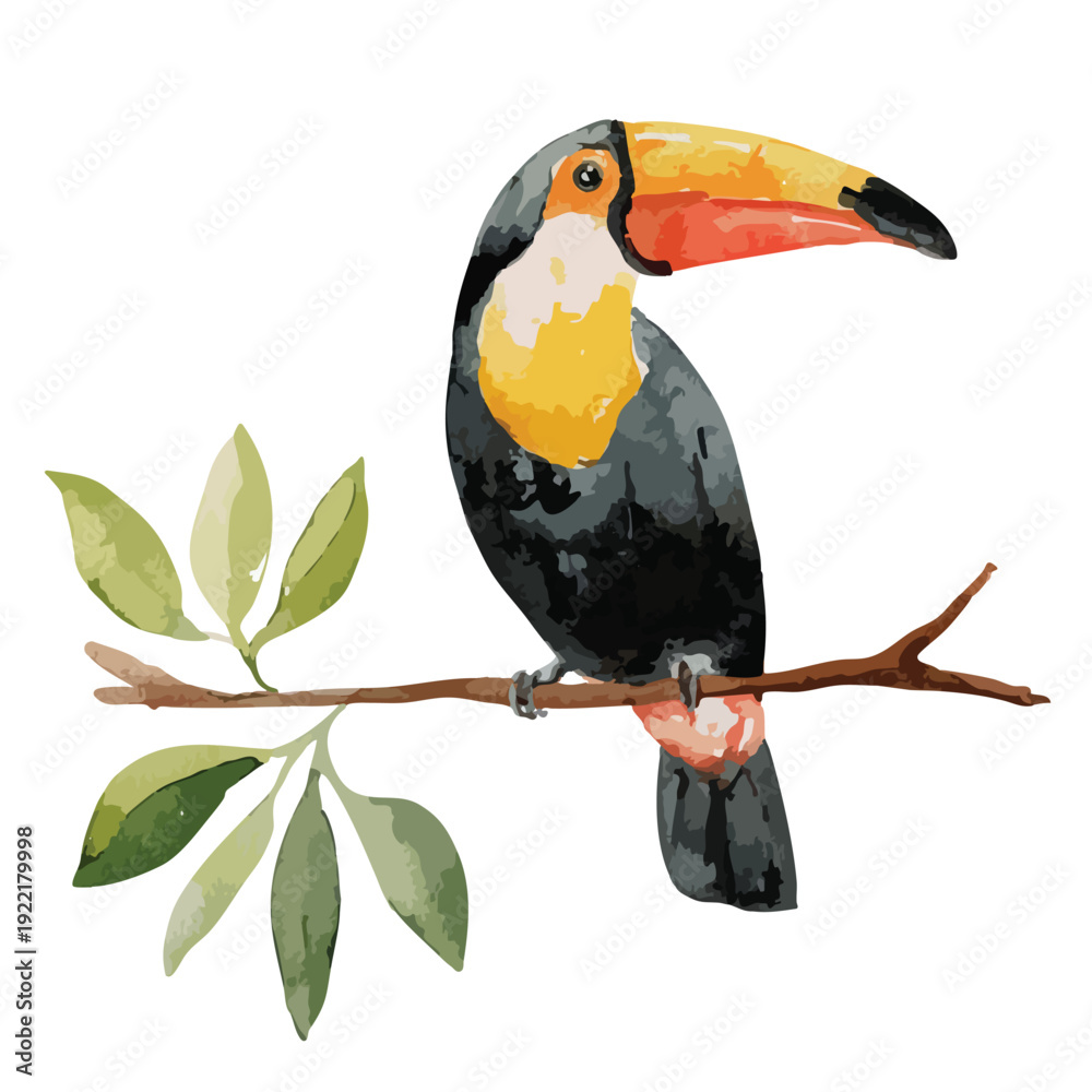 Obraz premium Vibrant Watercolor Tropical Toucan Bird Perched on Branch Illustration.