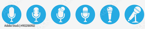 Bright blue circles with white microphone icons, simple flat design for audio