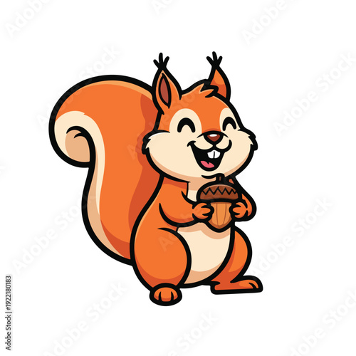 Cartoon squirrel holding acorn standing on hind legs happily