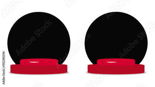 Minimalist product showcase scene with red pedestal and black sphere on white background