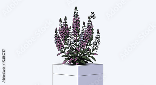 Lupine bouquet in a square planter with butterfly