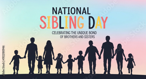 National sibling day celebration with family silhouettes against colorful sunset background