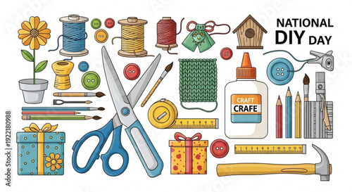 National diy day illustration with crafting tools and supplies for handmade projects and home improvement