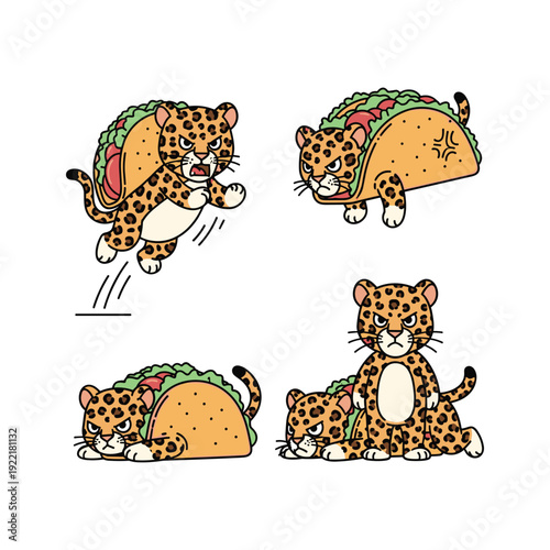Cartoon leopards dressed as tacos in various poses and actions