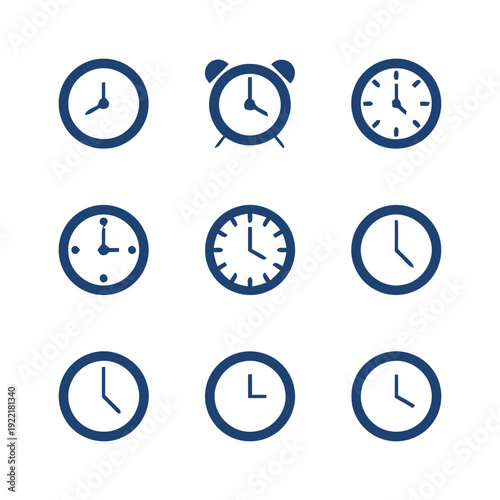 Group of nine clock and alarm icons showing different times and styles