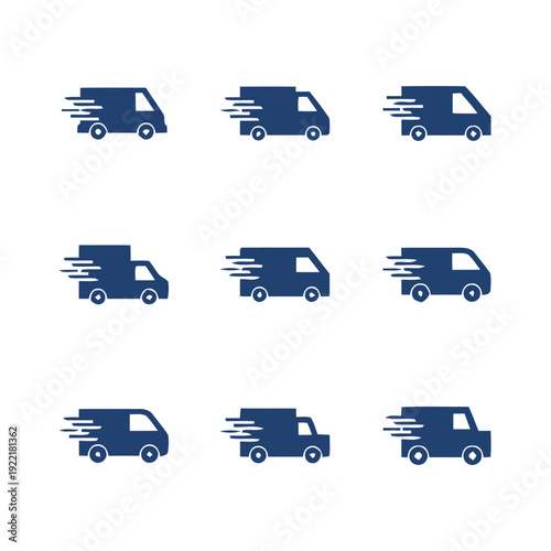 Group of nine fast delivery van icons in dark blue color