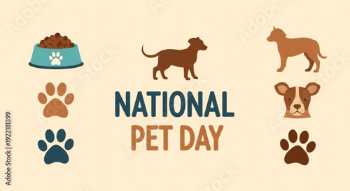 National pet day celebration with dog illustrations and paw prints on beige background