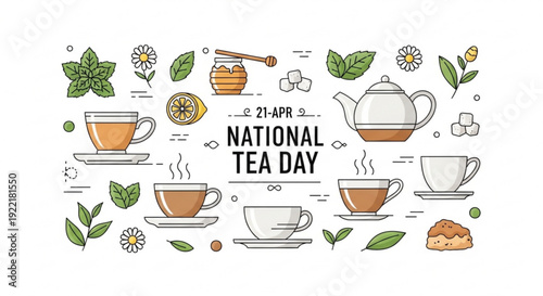 National tea day celebration with various tea cups teapot and leaves on white background
