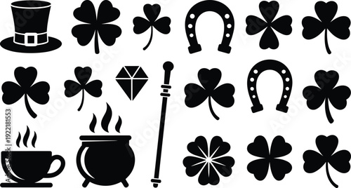 St Patrick Day silhouette icon set, shamrock leprechaun hat horseshoe pot gold, Irish lucky symbols vector collection