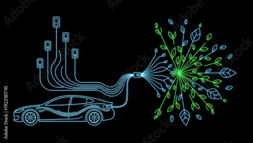 Black line art of electric vehicle linked to charging network, energy lines emphasizing eco-friendly transport and clean energy concept