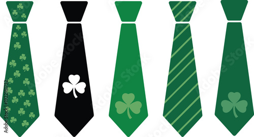 St Patrick Day necktie set, green Irish ties with shamrock patterns, festive holiday vector illustration collection