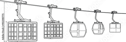 Cable Car Gondola Line Drawing Illustration Showing Mountain Transport System, Aerial Ropeway Cabins, Ski Resort Lift and Tourism Transportation Concept