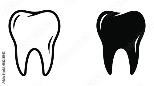 Tooth icons, outline and solid fill, symbolizing dental care and oral hygiene