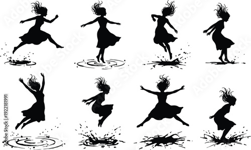 Dancing Girl Silhouette Collection Showing Energetic Jumping Poses, Splash Movement Effects, Freedom Expression and Modern Dance Performance Illustration Set