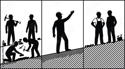 Construction Workers Silhouette Set Showing Builders Working, Supervising, and Discussing at Building Site, Engineering Labor and Industrial Development Concept